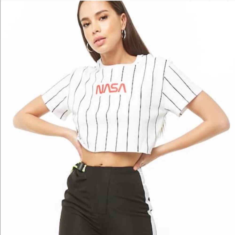 Forever 21 NASA White & Black Striped Crop Top 3X